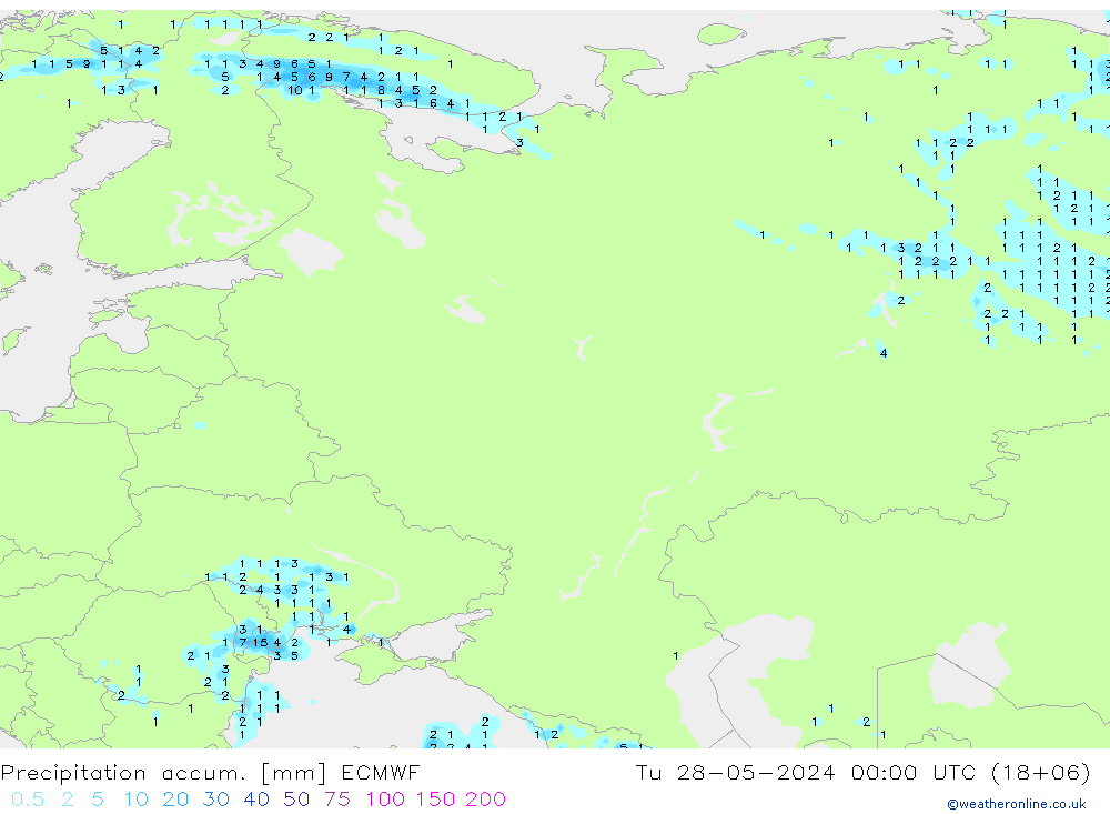 Precipitation accum. ECMWF Út 28.05.2024 00 UTC