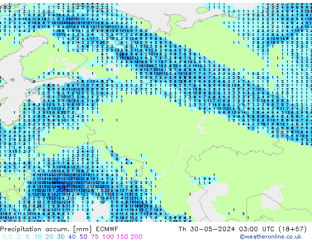 Precipitation accum. ECMWF gio 30.05.2024 03 UTC