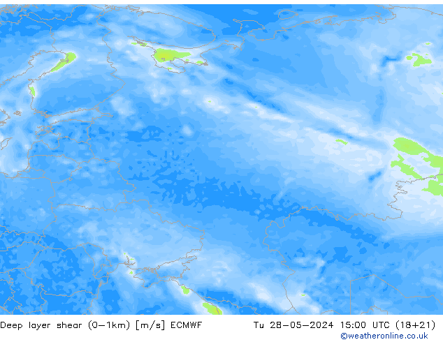 Deep layer shear (0-1km) ECMWF wto. 28.05.2024 15 UTC