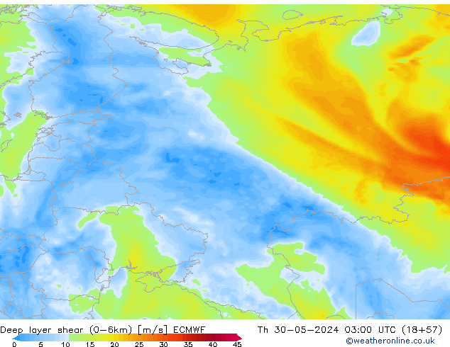 Deep layer shear (0-6km) ECMWF Th 30.05.2024 03 UTC