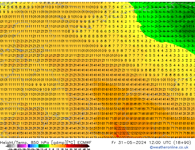 Hoogte/Temp. 850 hPa ECMWF vr 31.05.2024 12 UTC