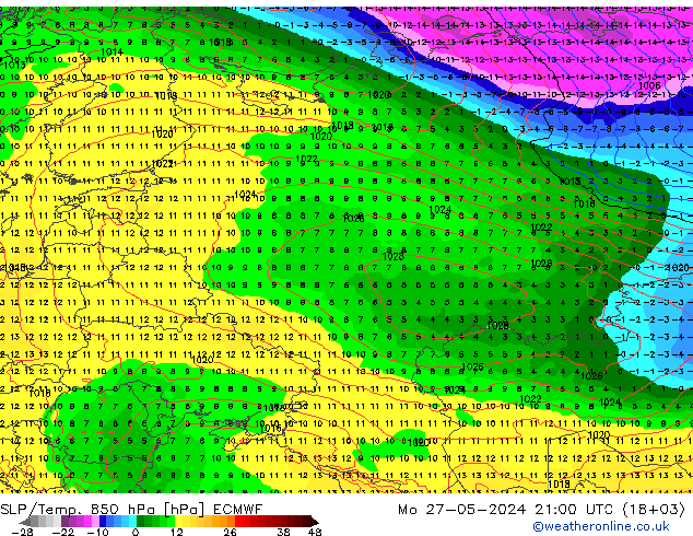 SLP/Temp. 850 hPa ECMWF pon. 27.05.2024 21 UTC