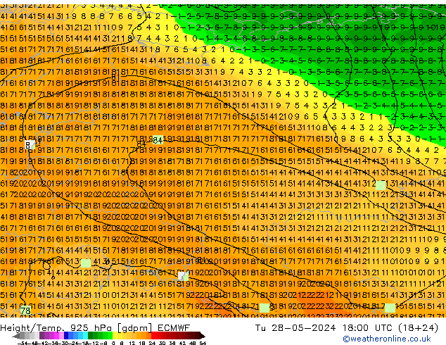 Height/Temp. 925 hPa ECMWF wto. 28.05.2024 18 UTC