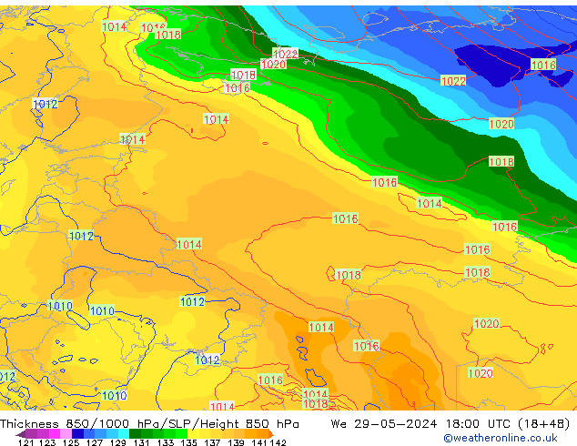 Thck 850-1000 hPa ECMWF Qua 29.05.2024 18 UTC