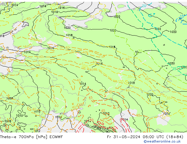 Theta-e 700hPa ECMWF Fr 31.05.2024 06 UTC