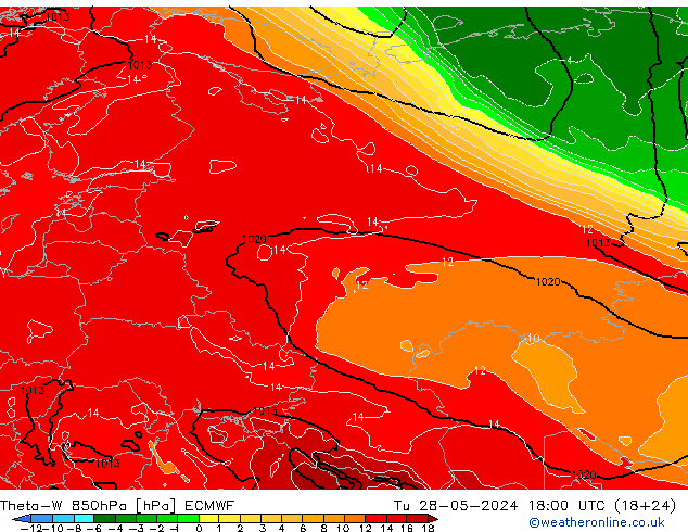 Theta-W 850hPa ECMWF Tu 28.05.2024 18 UTC