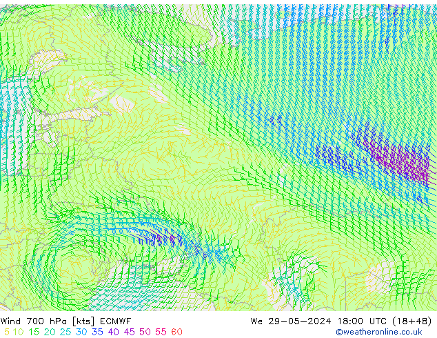 Wind 700 hPa ECMWF Mi 29.05.2024 18 UTC