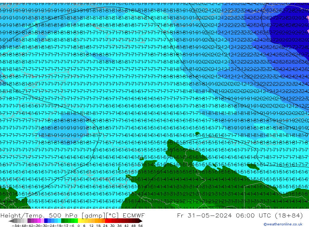 Z500/Rain (+SLP)/Z850 ECMWF Fr 31.05.2024 06 UTC