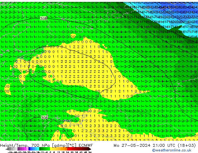 Height/Temp. 700 hPa ECMWF Mo 27.05.2024 21 UTC