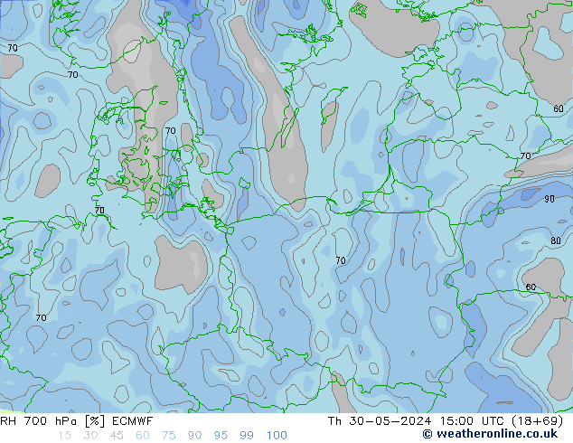 RH 700 hPa ECMWF Čt 30.05.2024 15 UTC