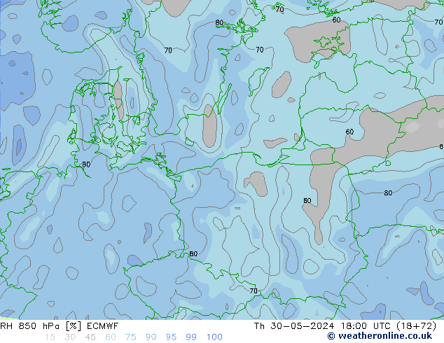 Humidité rel. 850 hPa ECMWF jeu 30.05.2024 18 UTC