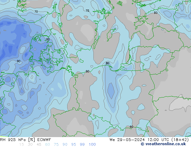 Humidité rel. 925 hPa ECMWF mer 29.05.2024 12 UTC