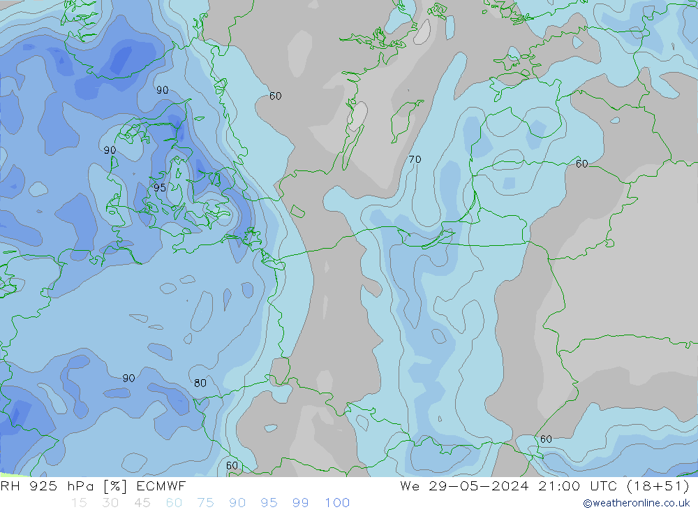 RH 925 гПа ECMWF ср 29.05.2024 21 UTC