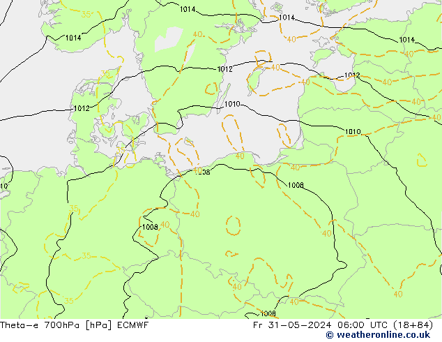 Theta-e 700hPa ECMWF Pá 31.05.2024 06 UTC