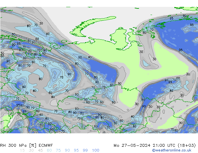 RH 300 гПа ECMWF пн 27.05.2024 21 UTC