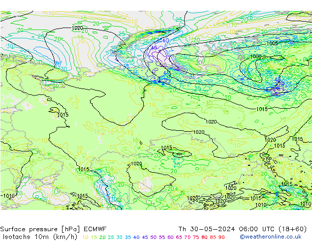 Isotachs (kph) ECMWF Čt 30.05.2024 06 UTC