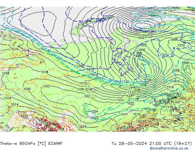 Theta-e 850hPa ECMWF Sa 28.05.2024 21 UTC