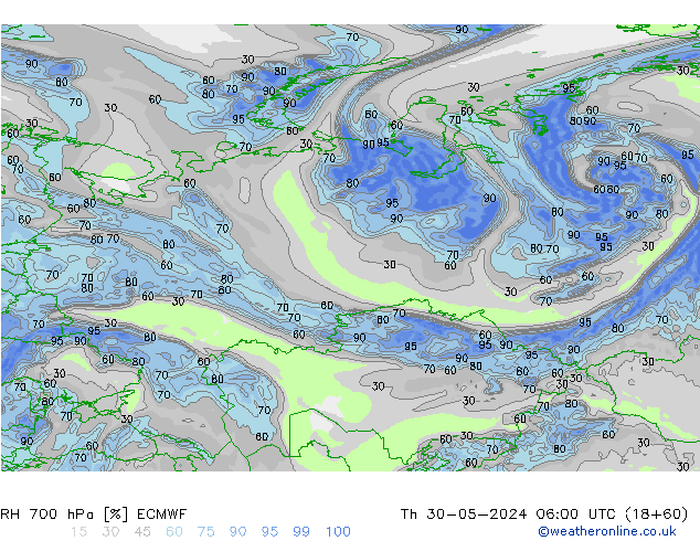 RH 700 гПа ECMWF чт 30.05.2024 06 UTC