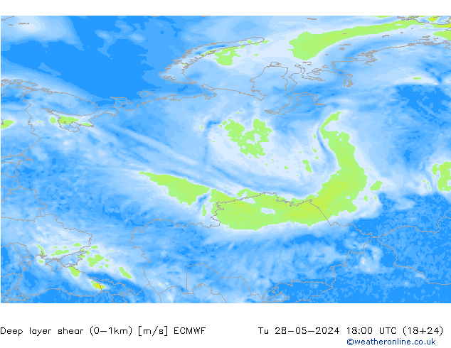 Deep layer shear (0-1km) ECMWF mar 28.05.2024 18 UTC