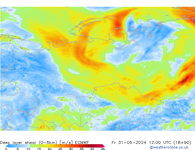 Deep layer shear (0-6km) ECMWF пт 31.05.2024 12 UTC