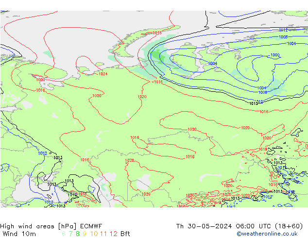 High wind areas ECMWF Th 30.05.2024 06 UTC