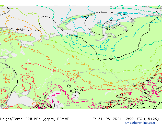 Hoogte/Temp. 925 hPa ECMWF vr 31.05.2024 12 UTC