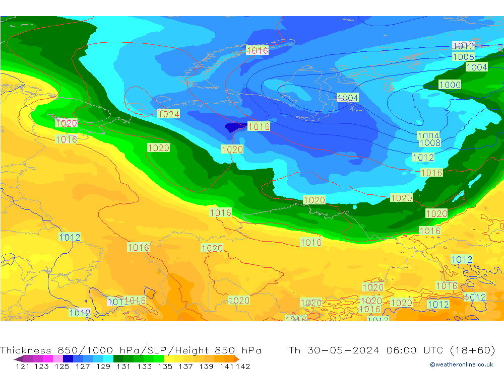 Espesor 850-1000 hPa ECMWF jue 30.05.2024 06 UTC