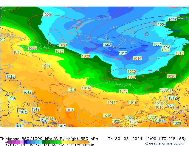 Thck 850-1000 hPa ECMWF Čt 30.05.2024 12 UTC