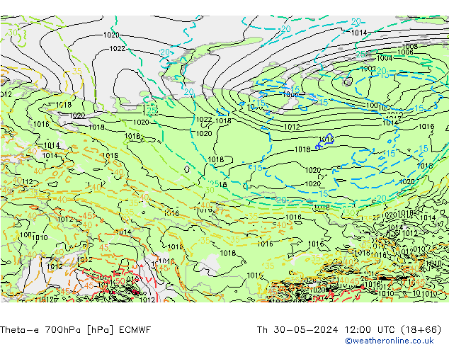 Theta-e 700hPa ECMWF Čt 30.05.2024 12 UTC