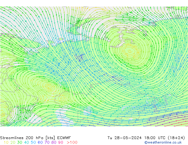 Ligne de courant 200 hPa ECMWF mar 28.05.2024 18 UTC