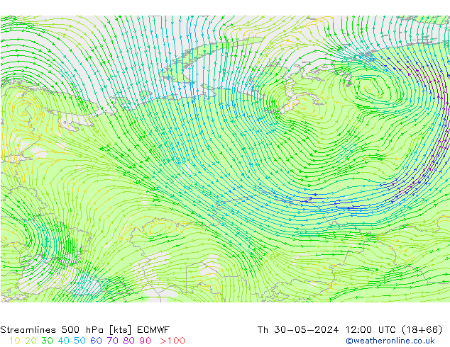 Streamlines 500 hPa ECMWF Čt 30.05.2024 12 UTC