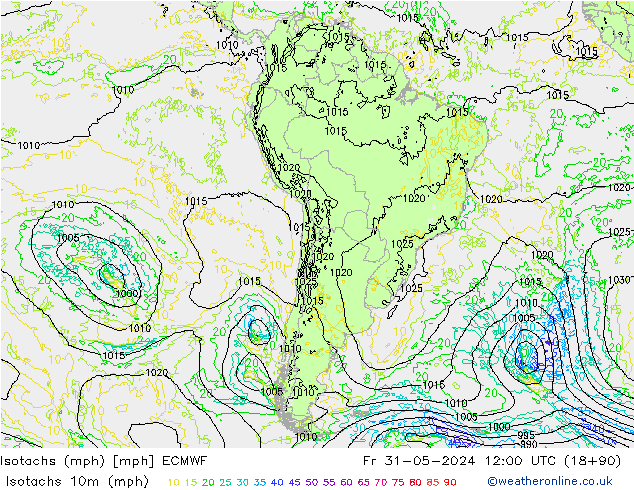 Isotaca (mph) ECMWF vie 31.05.2024 12 UTC