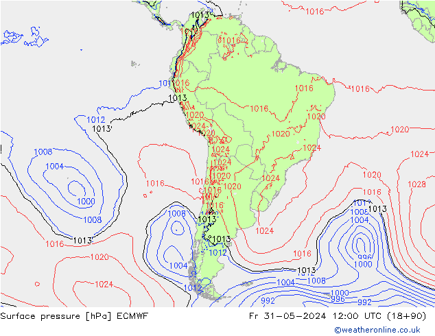 Presión superficial ECMWF vie 31.05.2024 12 UTC