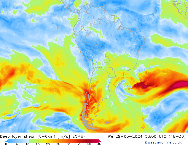 Deep layer shear (0-6km) ECMWF ср 29.05.2024 00 UTC