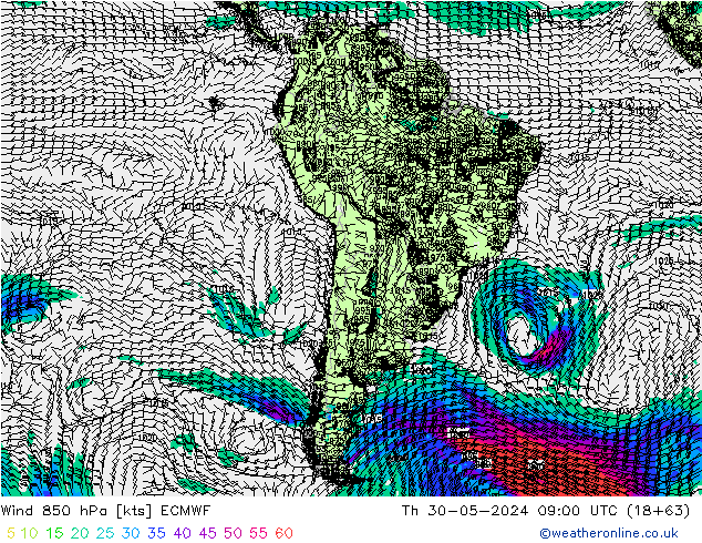 Vento 850 hPa ECMWF gio 30.05.2024 09 UTC