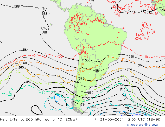 Height/Temp. 500 hPa ECMWF pt. 31.05.2024 12 UTC