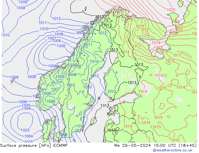 Surface pressure ECMWF We 29.05.2024 15 UTC