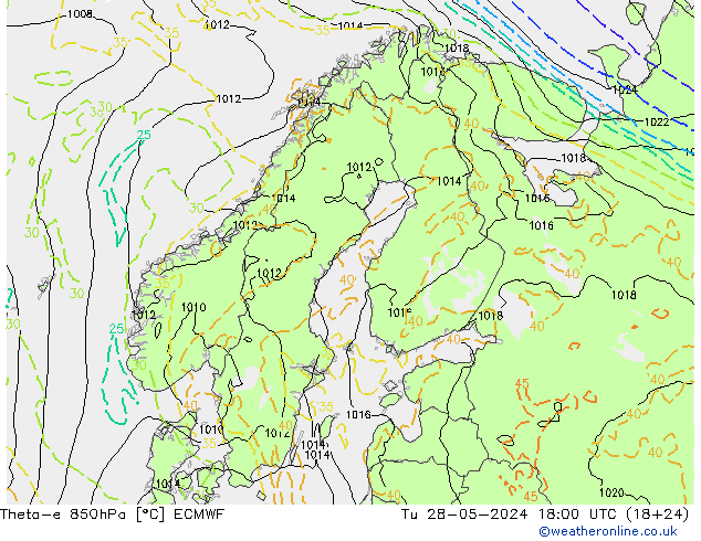 Theta-e 850hPa ECMWF Di 28.05.2024 18 UTC