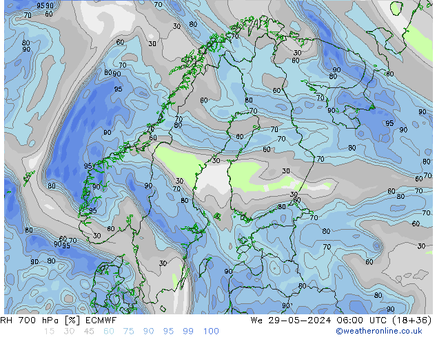 RH 700 hPa ECMWF śro. 29.05.2024 06 UTC