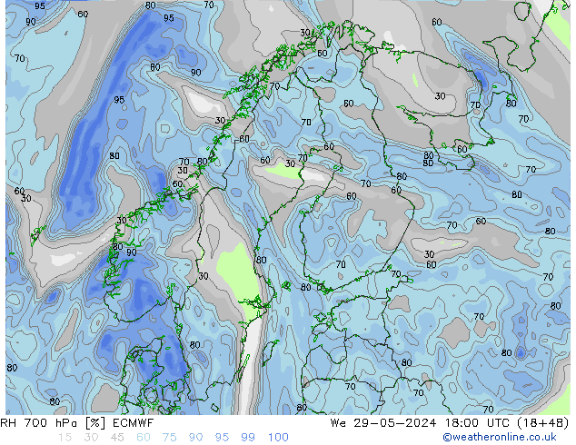 RH 700 hPa ECMWF Qua 29.05.2024 18 UTC