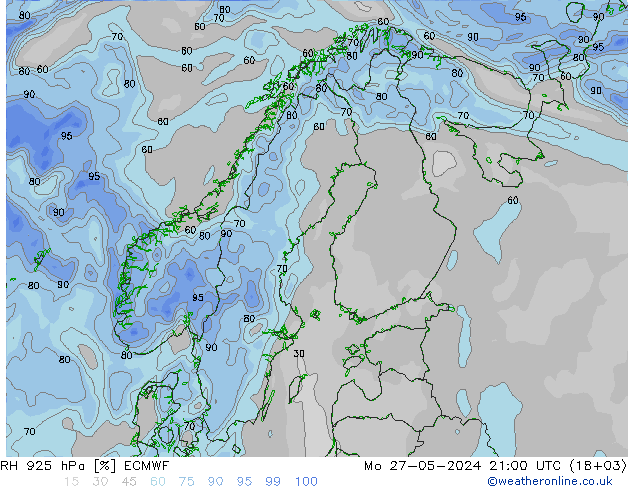 Humidité rel. 925 hPa ECMWF lun 27.05.2024 21 UTC