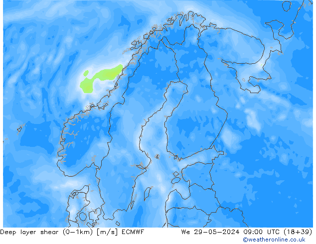 Deep layer shear (0-1km) ECMWF ср 29.05.2024 09 UTC