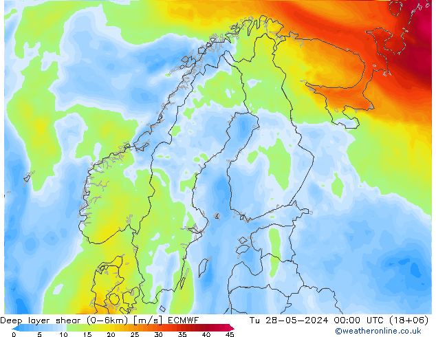 Deep layer shear (0-6km) ECMWF mar 28.05.2024 00 UTC