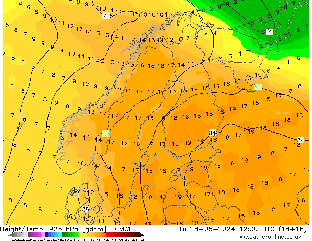 Height/Temp. 925 hPa ECMWF  28.05.2024 12 UTC