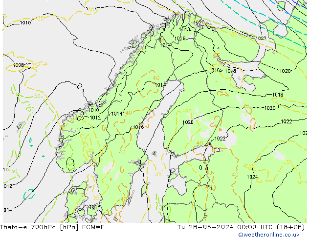 Theta-e 700hPa ECMWF 星期二 28.05.2024 00 UTC