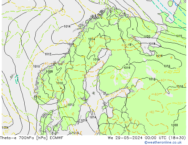 Theta-e 700hPa ECMWF mer 29.05.2024 00 UTC