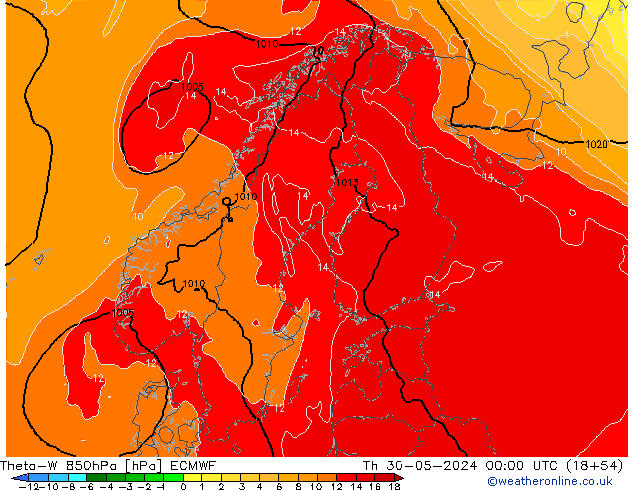 Theta-W 850hPa ECMWF gio 30.05.2024 00 UTC