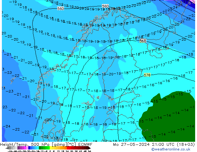 Height/Temp. 500 hPa ECMWF Mo 27.05.2024 21 UTC