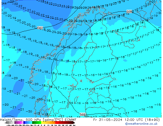 Height/Temp. 500 гПа ECMWF пт 31.05.2024 12 UTC