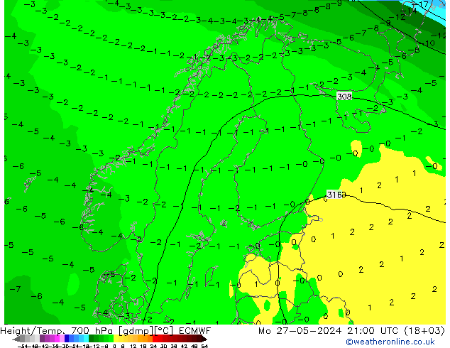 Yükseklik/Sıc. 700 hPa ECMWF Pzt 27.05.2024 21 UTC